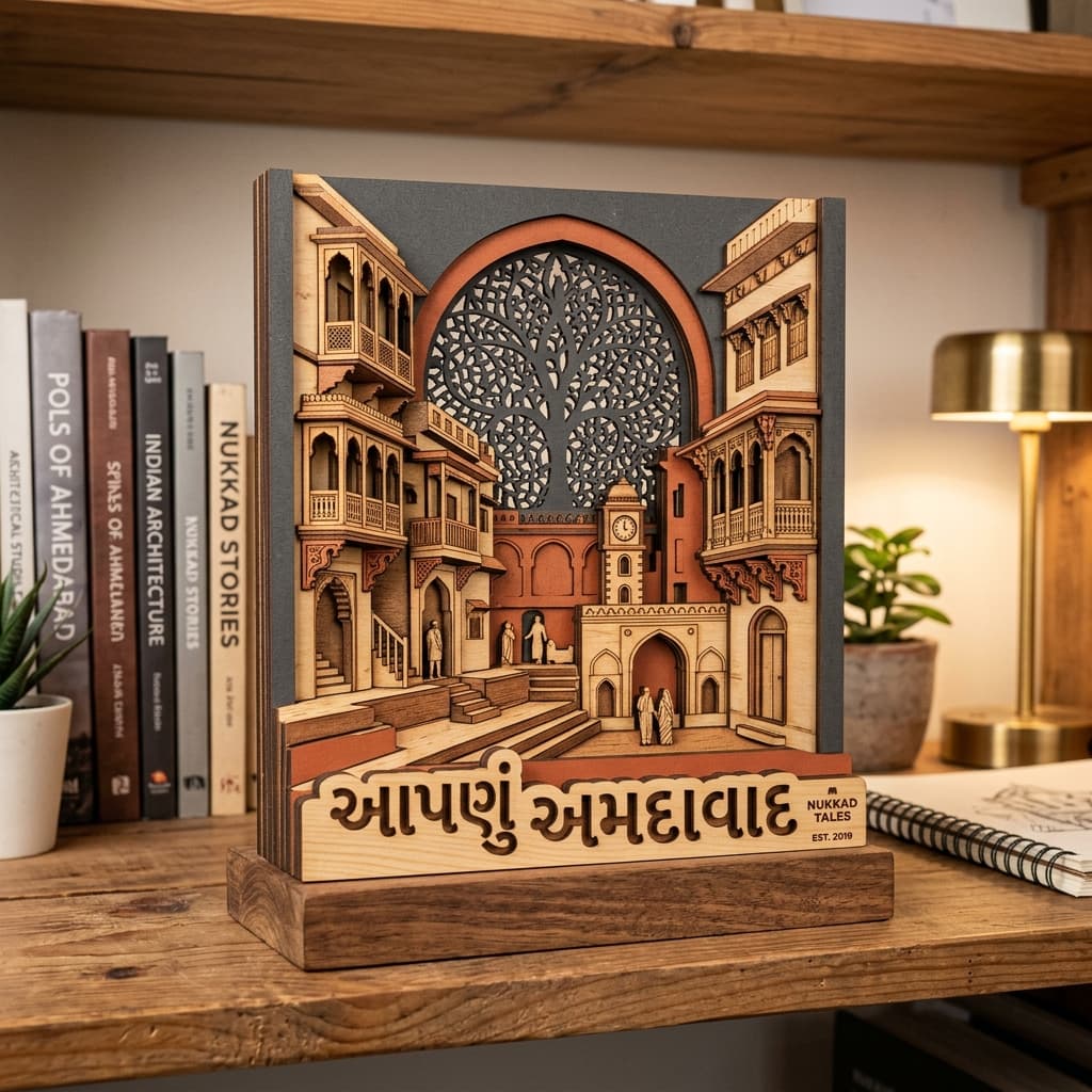 Tri-layer MDF architectural city plaque of Ahmedabad pols and jali reading “આપણું અમદાવાદ”
