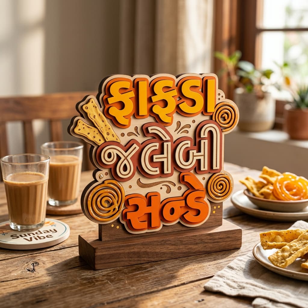Joyful layered MDF tabletop wooden sign reading “ફાફડા જલેબી સન્ડે” with jalebi spiral motifs